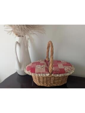 Vintage Wicker Sewing Basket Quilted Patchwork Lid Ruffle Detail Lined Basket